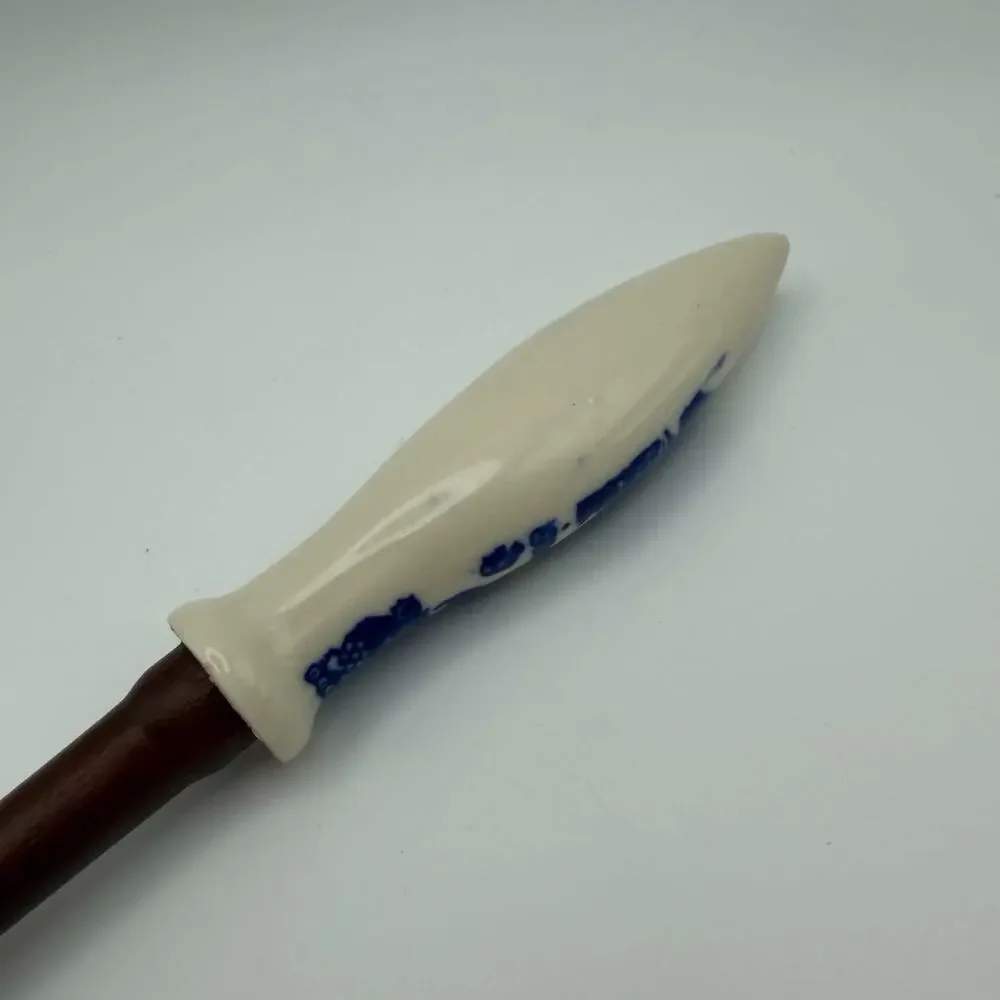 Vintage Wooden Serving Spoon Blue White Handle Dark Wood Salad Serving Spoon